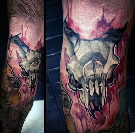 Creative Watercolor Mens Goat Skull Sleeve Tatoo