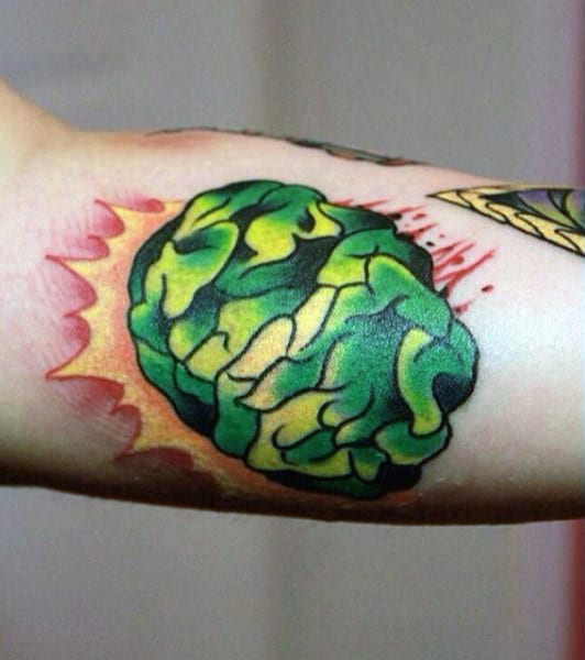 Creative Yellow Green Brain Tattoo Male Arms