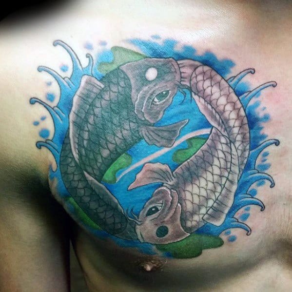 Creative Yin Yang Swimming Koi Fish Tattoos For Men On Upper Chest