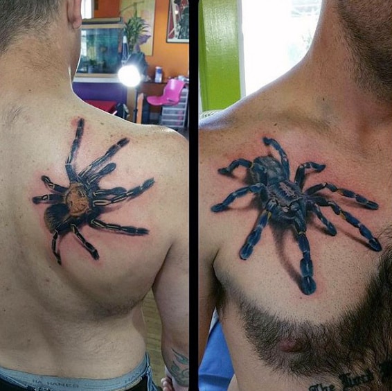 Creepy Realistic Spider Tattoo On Chest And Back For Males