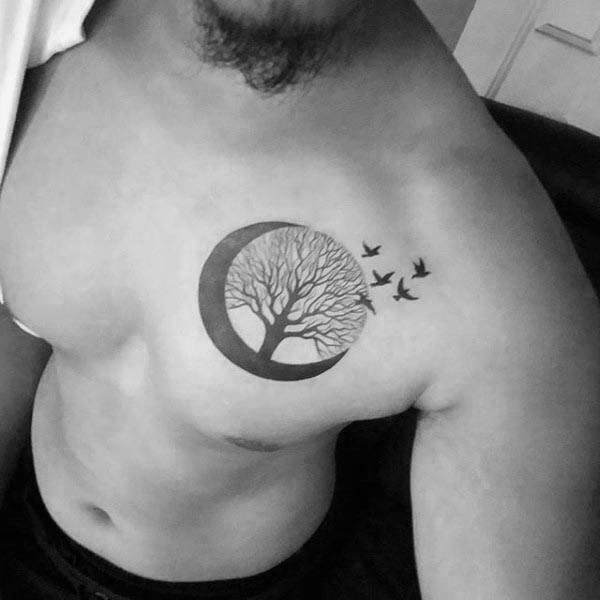Cresent Moon With Birds And Tree Of Life Male Upper Chest Tattoos