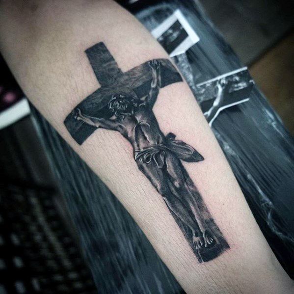 Cross 3d Jesus Tattoos For Males On Inner Forearm