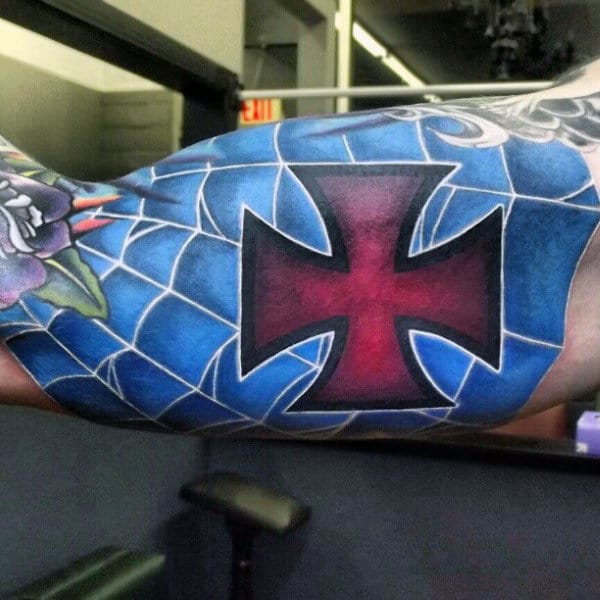 Cross Blue Ink Spider Web Bicep Tattoo On Man