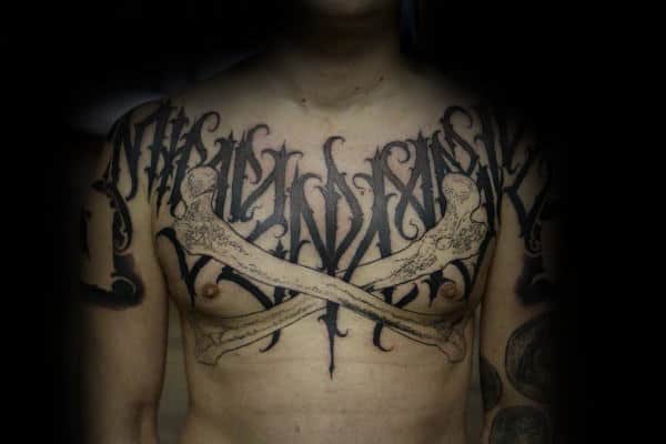 Cross Bones Script Mens Chest Tattoo