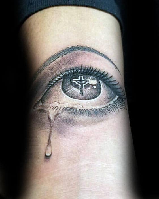 Cross Inside Eye Mens Realistic Inner Forearm Tattoos
