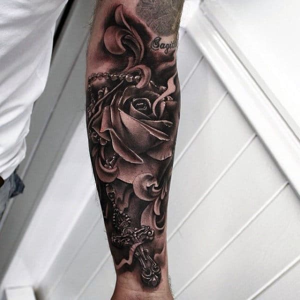 Cross Rosary Tattoos For Men Forearm Sleeve With Roses