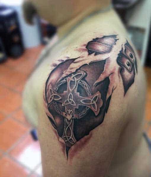 Cross Shoulder Tattoo Ripping Out Of Skin On Man