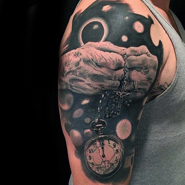 Cross Tattoo With Rosary For Guys With Pocket Watch