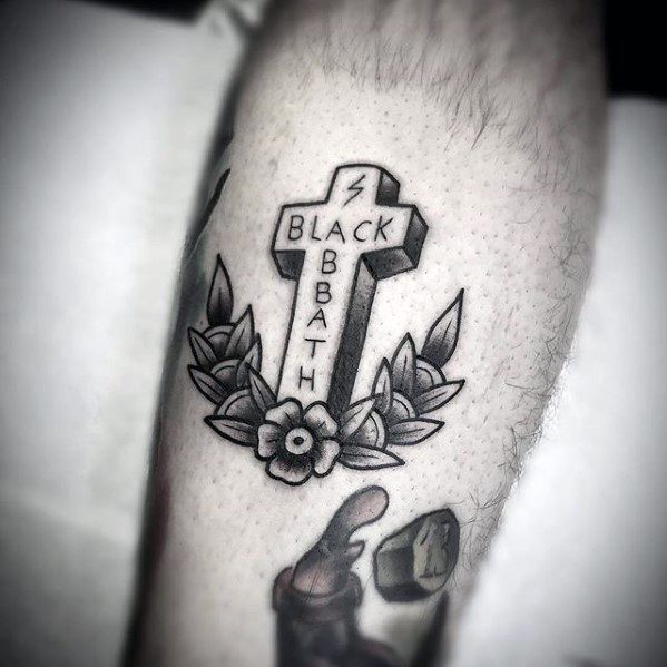 Cross With Flower Simple Traditional Mens Leg Tattoo Ideas