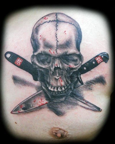 Crossed Chef Knives With Skull Mens Chest Tattoos