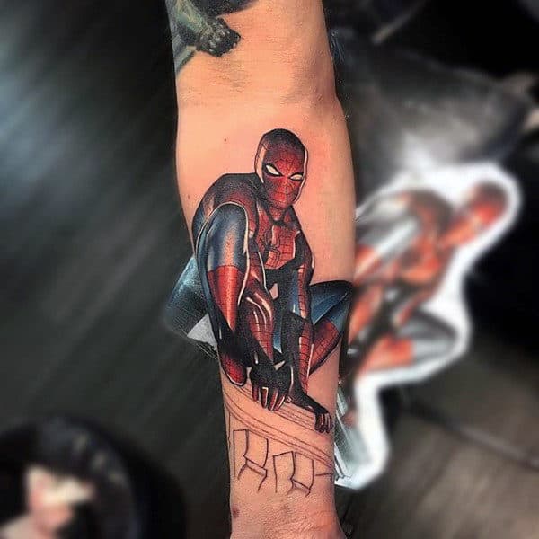 Crouching Spiderman Tattoo Male Forearms