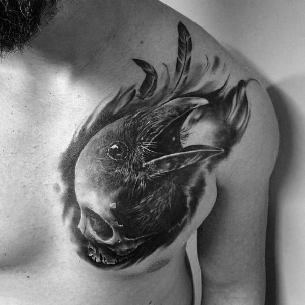 Crow With Skull Guys 3d Realistic Chest Cover Up Tattoos