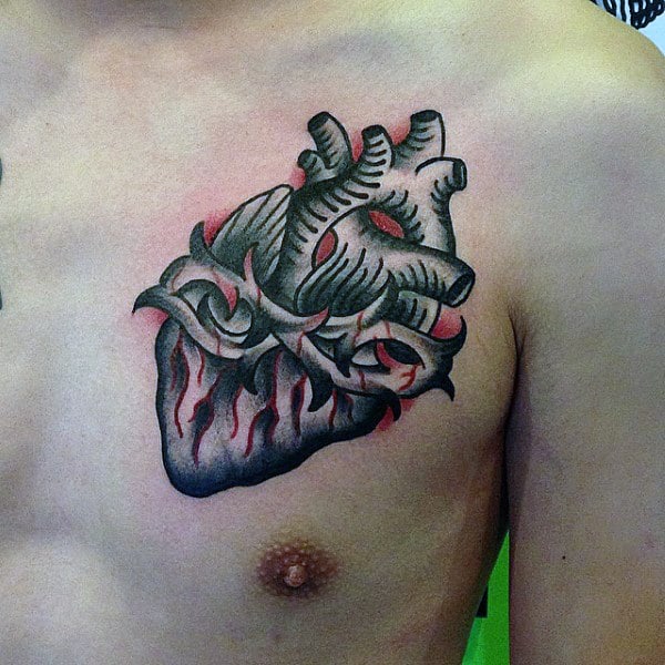 Crown Of Thorns With Heart Mens Traditional Upper Chest Tattoos