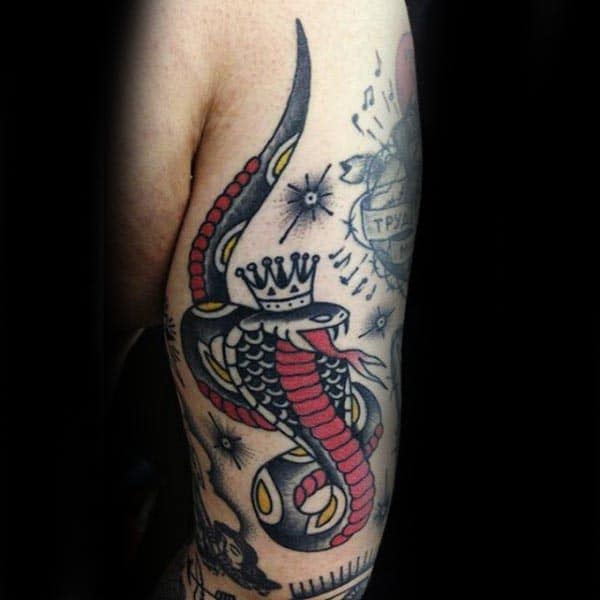 Crowned King Cobra Mens Upper Arm Tattoos