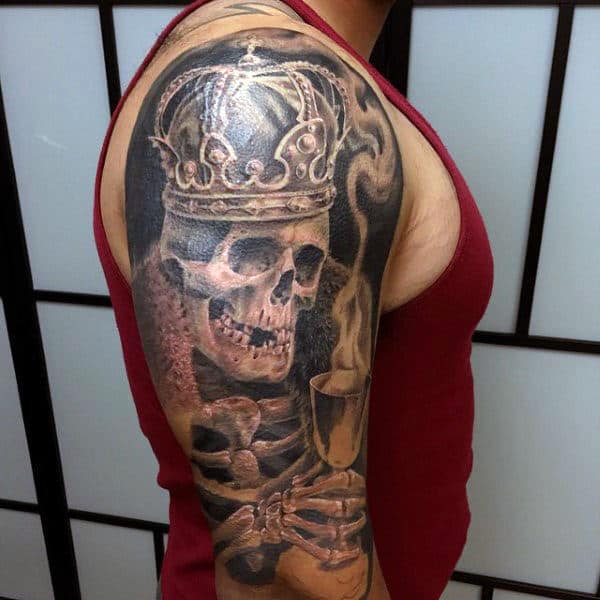 Crowned Skull With Flaming Goblet Tattoo Shoulders For Guys