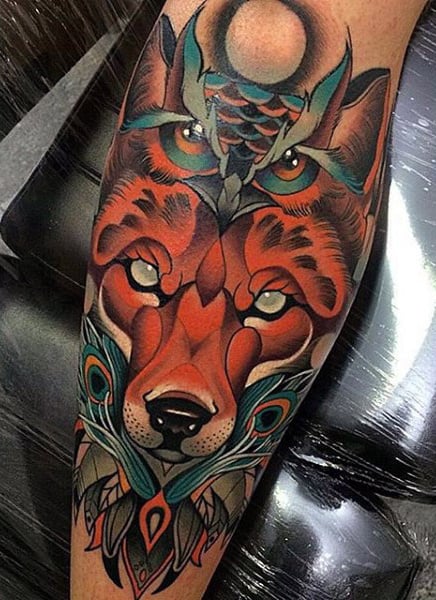 Crystal Eyed Fox And Owl Tattoo Mens Forearms