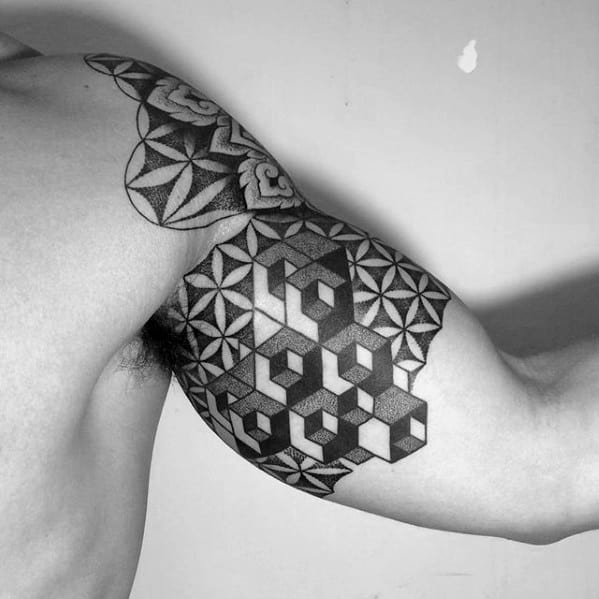 Cubes Geometric With Flower Of Life Pattern Mens 3d Arm Tattoo