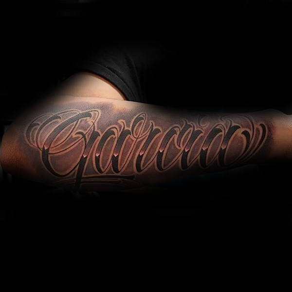 Cursive Last Name Guys Outer Forearm Sleeve Tattoo