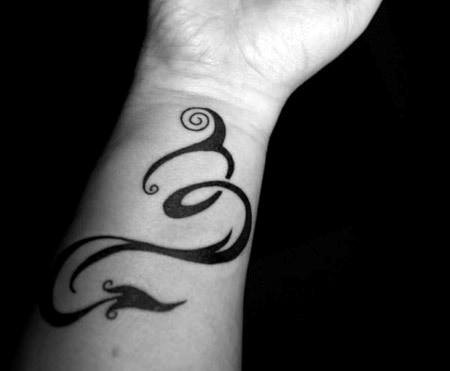Cursive Scorpio Symbol Wrist Tattoos For Men With Black Ink Design