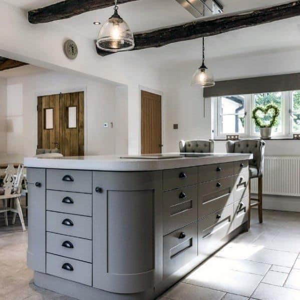 grey kitchen with wood details