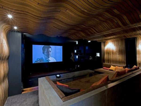 Curved Wood Ceiling In Home Theater
