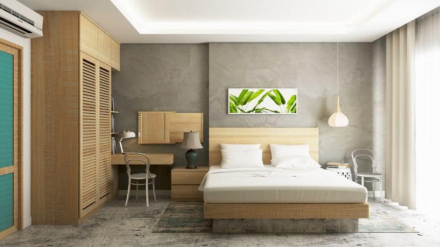 modern bedroom concrete walls brown wardrobe