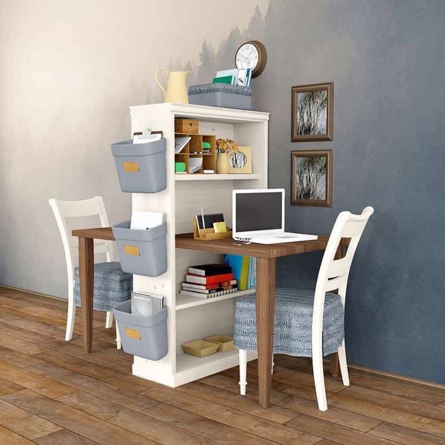 custom home office wood dining table with white shelving gray wall hardwood floors 