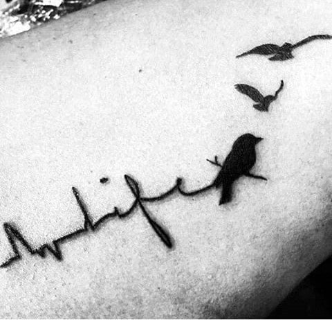 Cute Black Heartbeat Tattoo With Tiny Birds On Guys Forearms