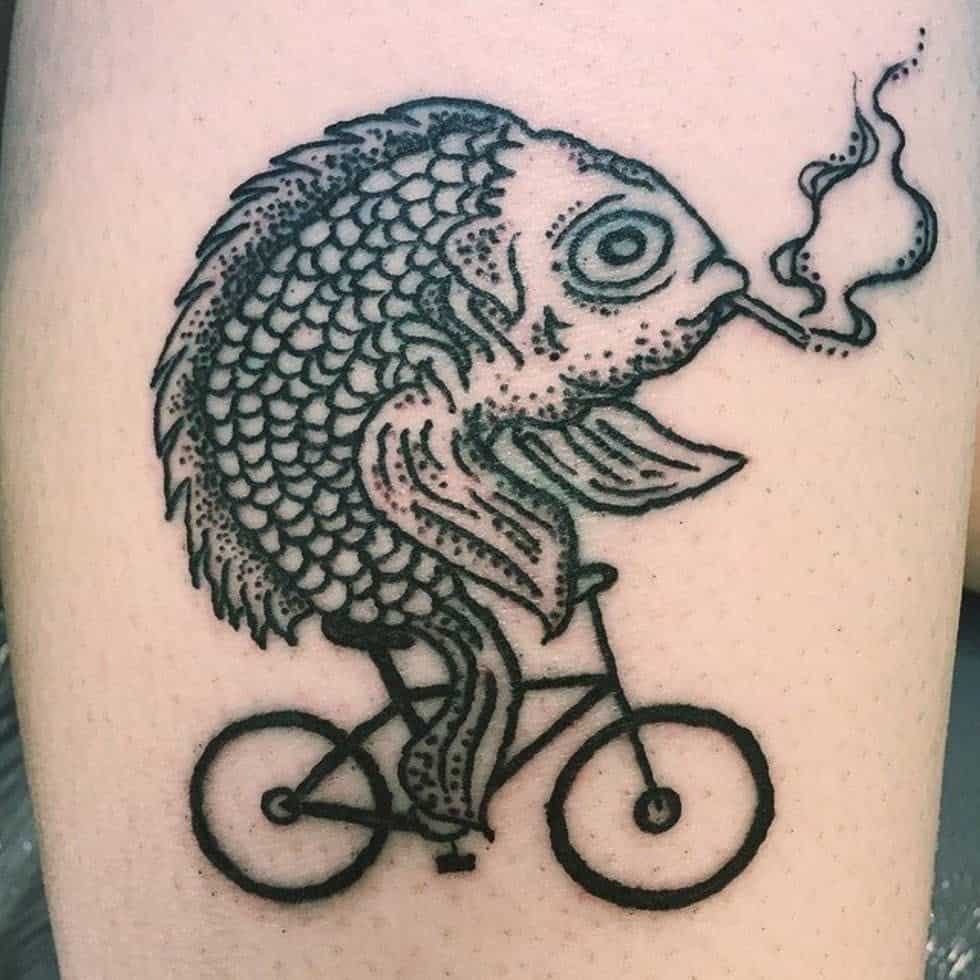 Cute Smoking Fish Biking Black Tattoo