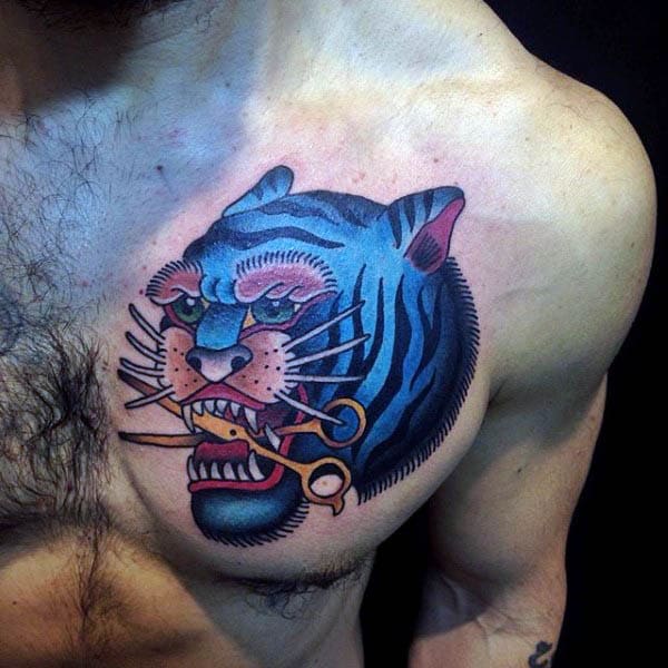 Cyan Beast With Tool Neo Traditional Tattoo Mens Chest