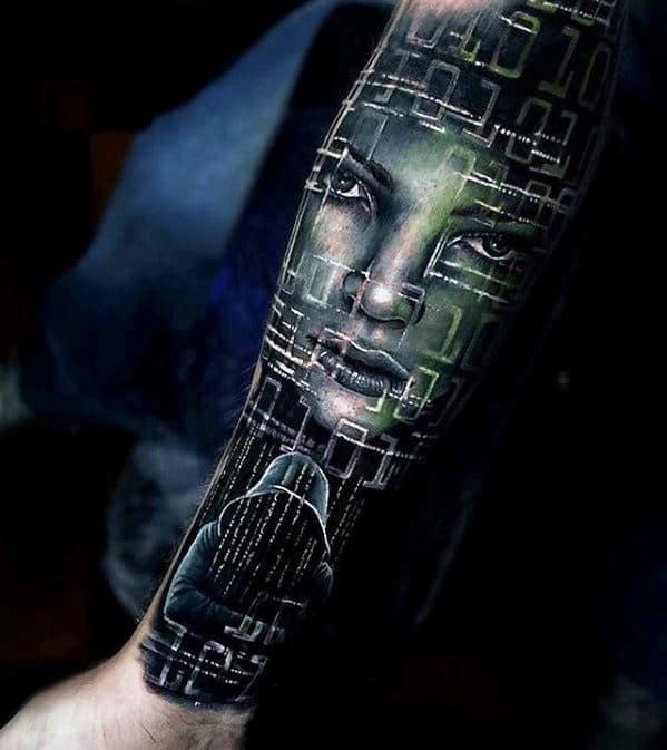 My cyber geo mech sleeve 40 hours done by Brandon Crone in Boulder City  NV Free handed with sharpie lower arm bands different  rtattoos