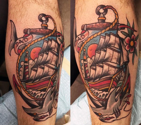 Dad Memorial Traditional Shark And Sailing Ship Mens Leg Tattoos