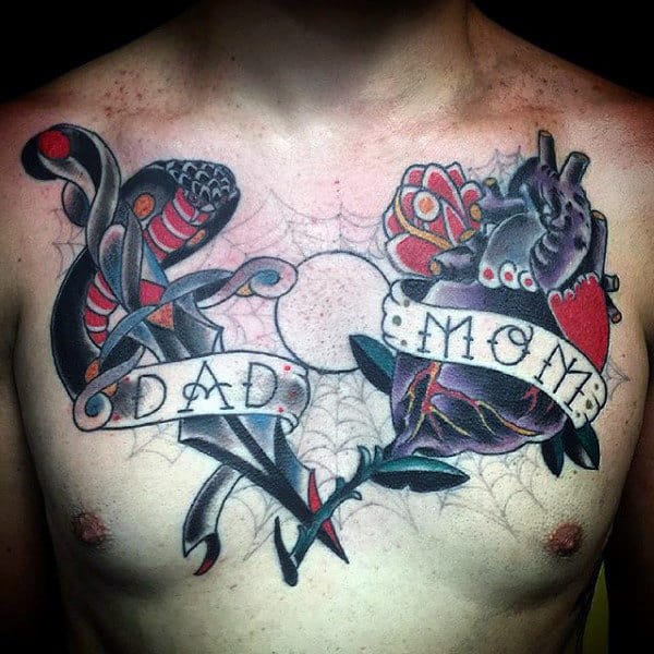Dad Mom Snake And Heart Tattoo Male Chest