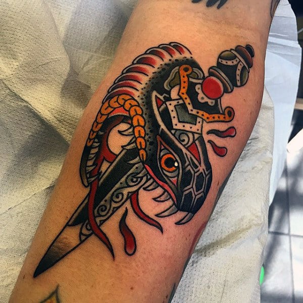 Dagger And Snake Mens Traditional Inner Forearm Tattoos