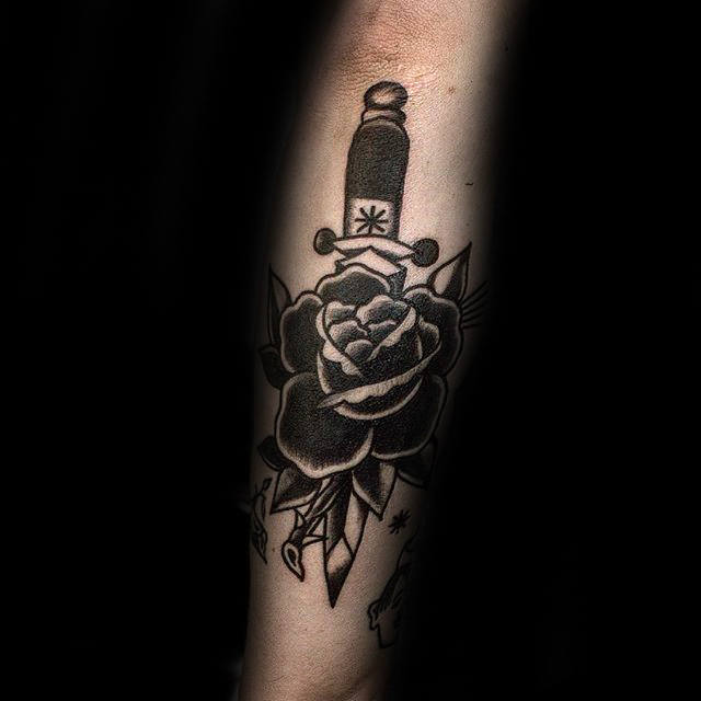 Dagger Black Rose Old School Mens Forearm Tattoo Ideas