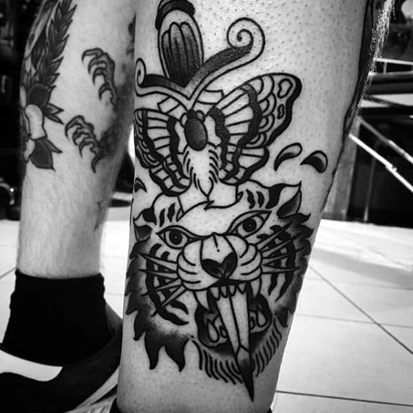 Dagger Moth And Tiger Mens Leg Tattoos