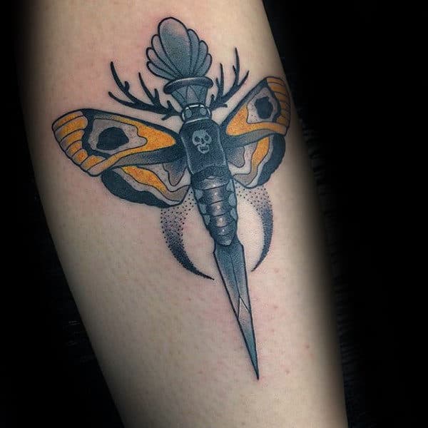 Dagger Moth Mens Unique Arm Tattoo Ideas