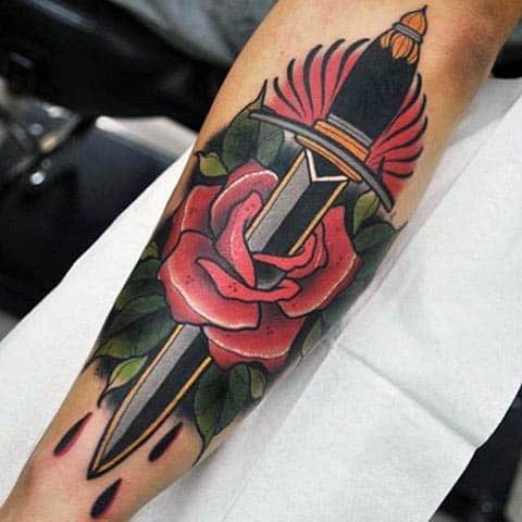 Dagger Piercing Rose Neo Traditional Tattoo Male Forearms