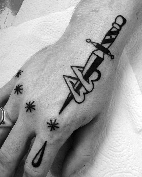 Dagger Through Hearts Simple Hand Male Tattoos