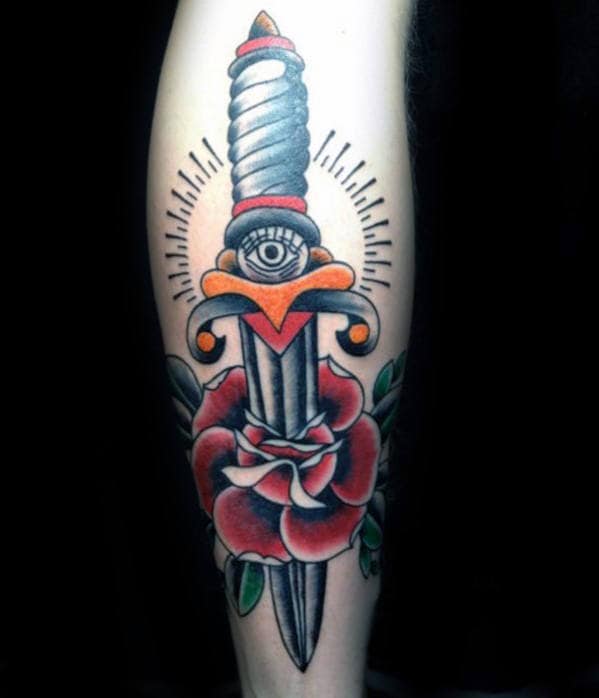 Dagger Through Red Rose Flower Guys Traditional Leg Tattoo