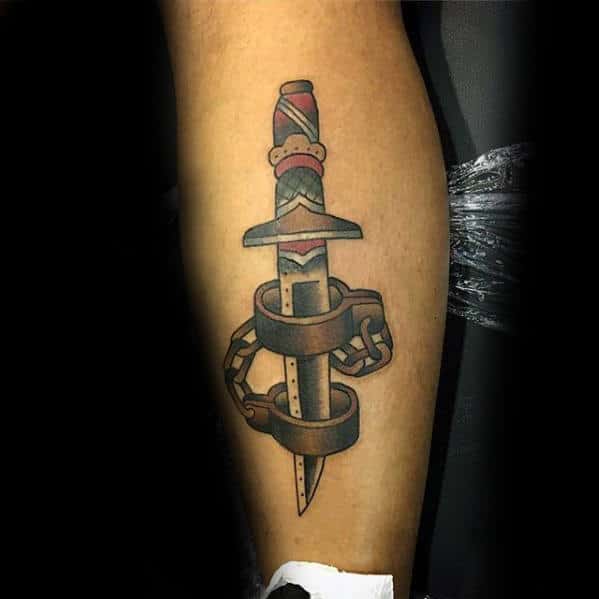 Dagger With Chain Shackles Mens Traditional Leg Tattoo