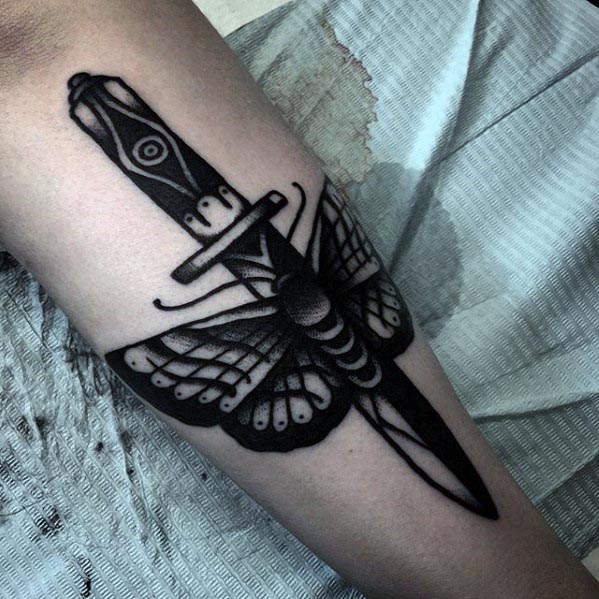Dagger With Moth Masculine Male Traditional Inner Forearm Tattoos