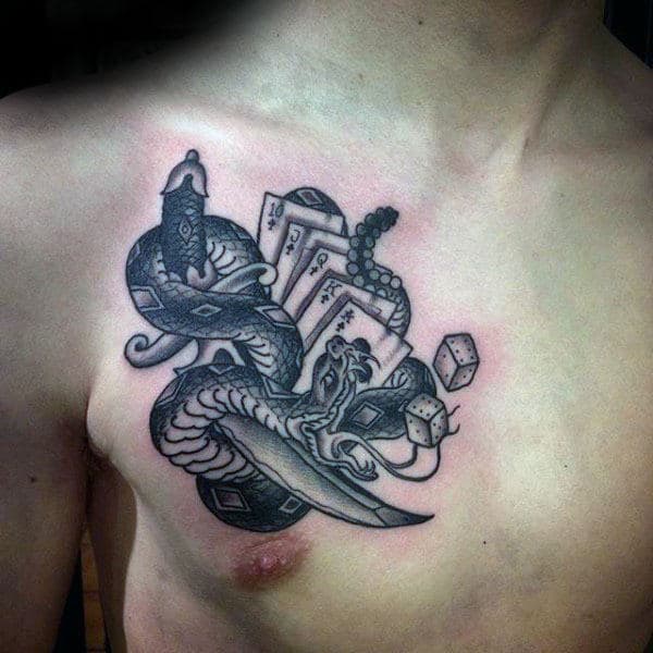 Dagger With Playing Cards Guys Rattlesnake Chest Tattoos