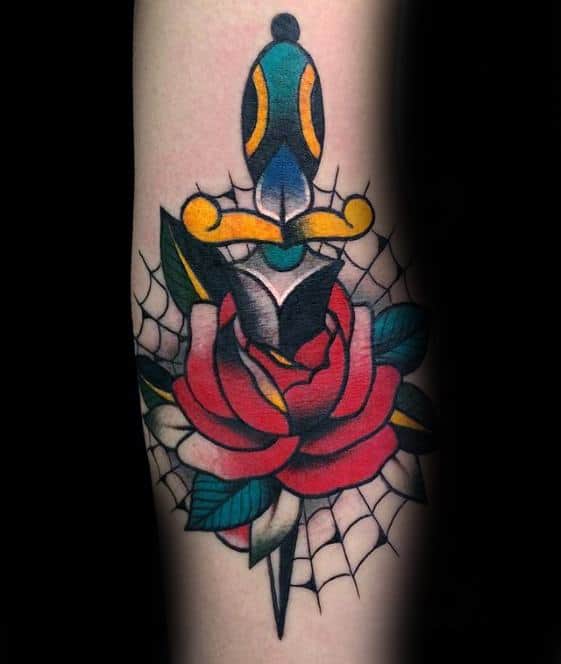 Dagger With Red Rose Flower And Spider Web Ditch Tattoo Designs For Guys