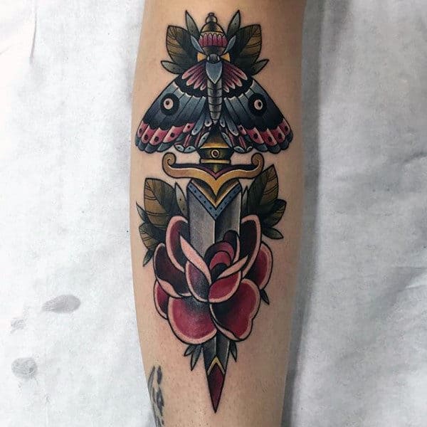 Dagger With Rose Flower And Moth Mens Leg Tattoos