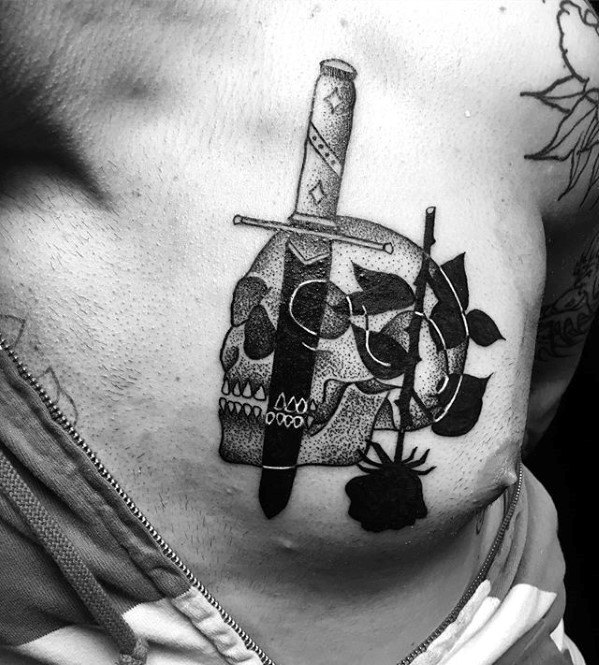 Dagger With Skull And Black Rose Small Manly Male Chest Tattoos