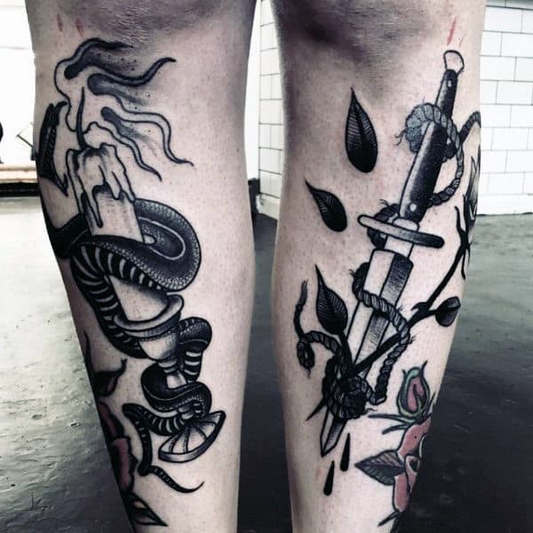 Dagger With Snake And Candle Mens Old School Black Ink Shin Tattoos