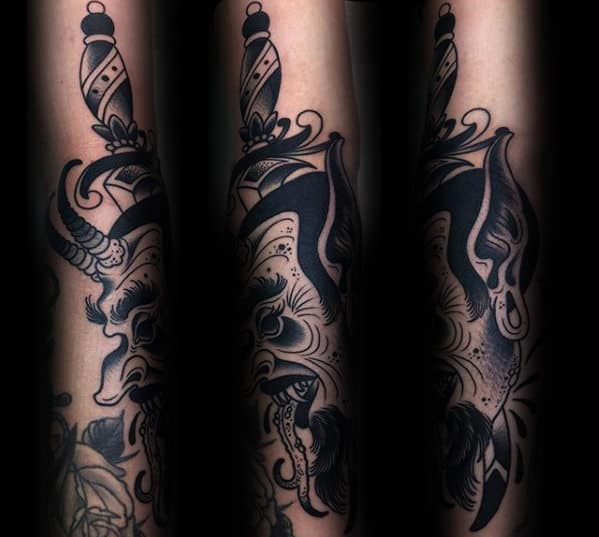 Dagger With Traditional Devil Mens Arm Tattoo