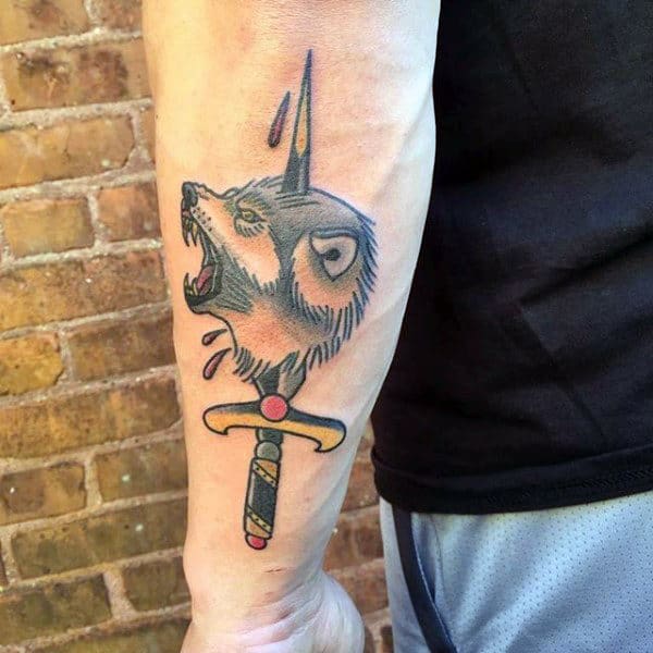 Dagger Wolf Head Traditional Outer Forearm Tattoo Designs For Guys