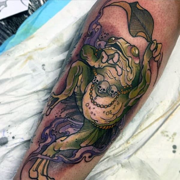Dancing Green Frog Mens Neo Traditional Forearm Tattoo
